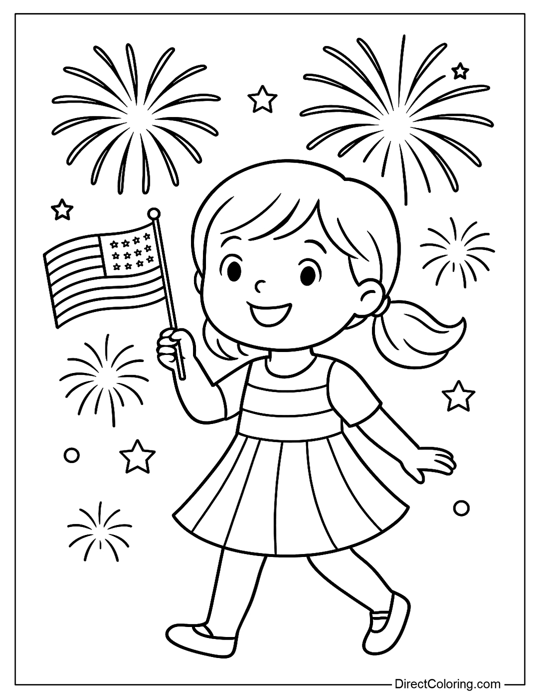 A coloring page of a little girl waving an American flag in the wind, wearing a red, white, and blue striped dress, with fireworks